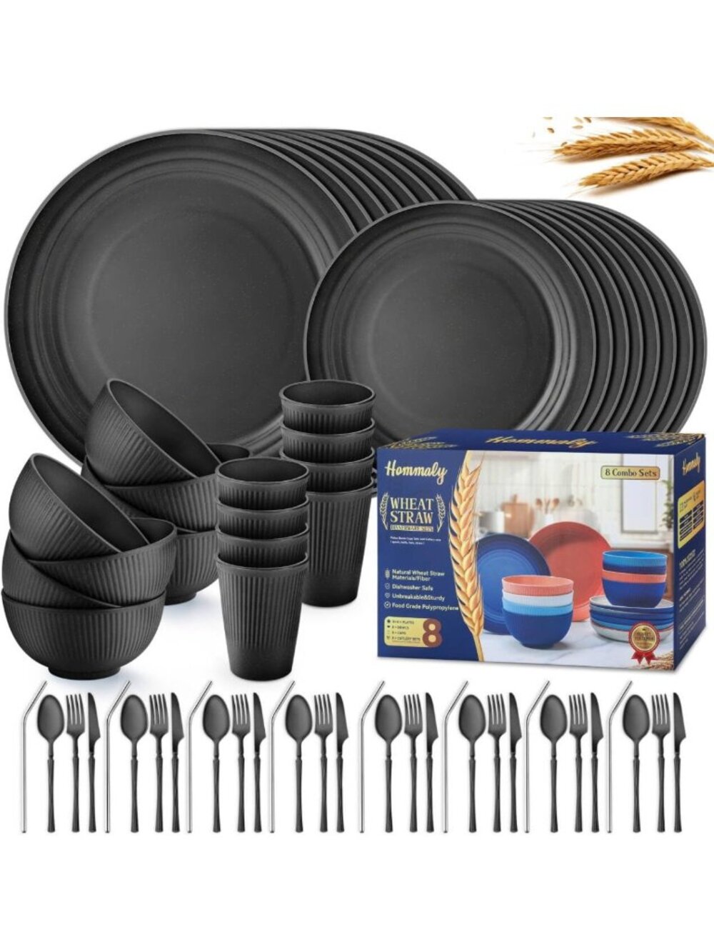 Eco-Friendly 64-Piece Dinnerware Set for 8 - Unbreakable, Reusable Plates